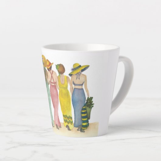 Vijf vrouw Beach Babe-vrienden die plezier hebben Latte Mok (Rechterhoek)