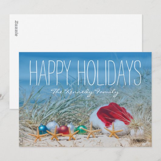 Vijf zeesterren op een strand met een kerstmuts feestdagenkaart (Voorkant / Achterkant)