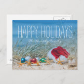 Vijf zeesterren op een strand met een kerstmuts feestdagenkaart (Voorkant / Achterkant)
