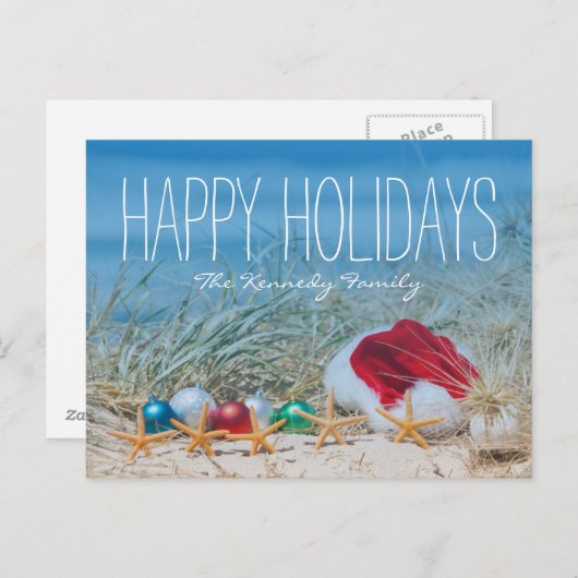 Vijf zeesterren op een strand met een kerstmuts feestdagenkaart (Voorkant / Achterkant)