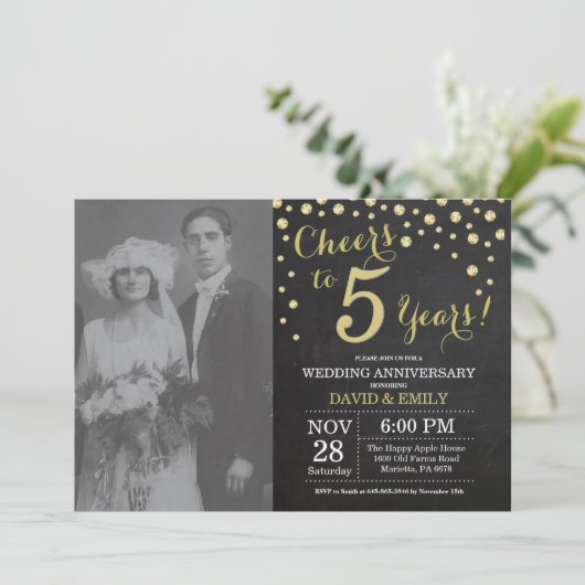 Vijfde Jubileum Chalkboard Black en Gold Kaart (Staand voorkant)