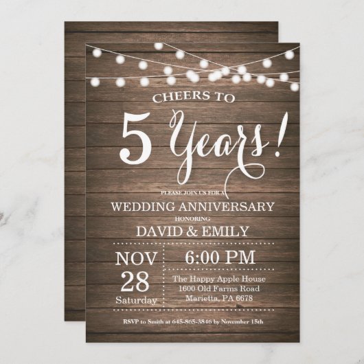 Vijfde Jubileum Uitnodiging Rustic Wood (Voorkant / Achterkant)