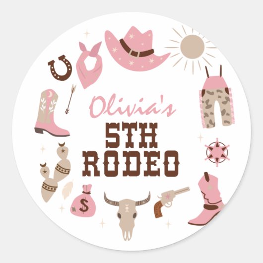 Vijfde Rodeo Roze Western Cowboy 5e Verjaardag Ronde Sticker (Voorkant)