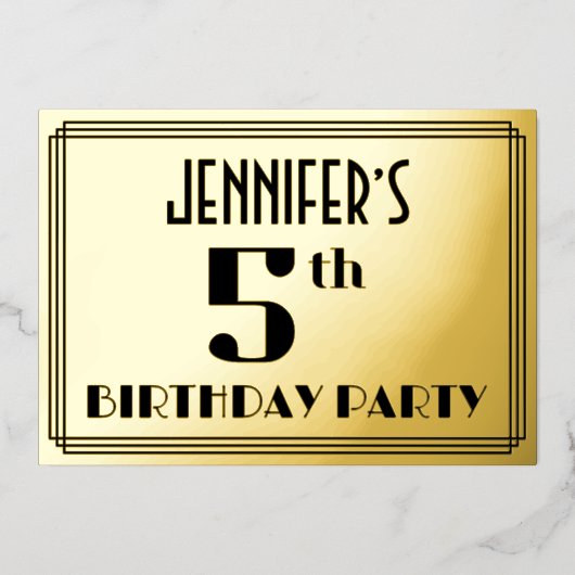 Vijfde verjaardag: Art Deco Kijk "5" en naam Folie Uitnodiging (Voorkant)
