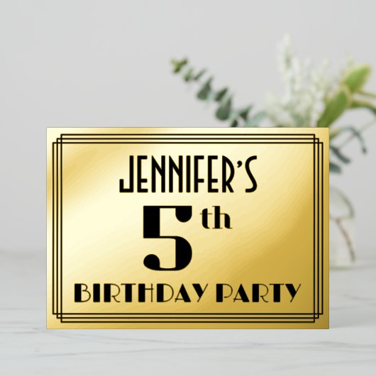 Vijfde verjaardag: Art Deco Kijk "5" en naam Folie Uitnodiging (Staand Voorkant)