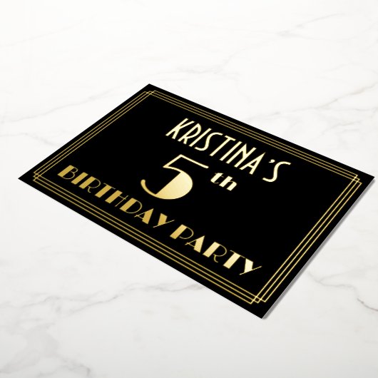 Vijfde verjaardag: Art Deco Kijk "5", met naam Folie Uitnodiging (Gedraaid)