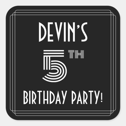 Vijfde verjaardag: Art Deco Style en Custom Name Vierkante Sticker (Voorkant)