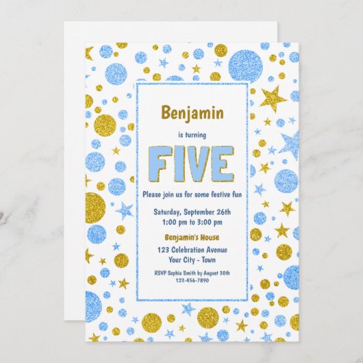 Vijfde verjaardag Blauw en Glitter Party Kaart (Voorkant / Achterkant)