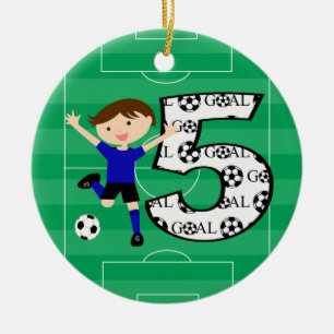 Vijfde verjaardag Blauw en Zwarte Soccer Goal Orna Keramisch Ornament