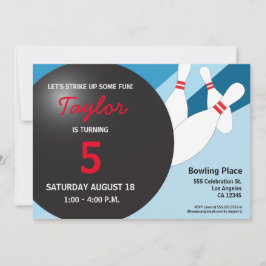 vijfde verjaardag bowlingpartij blauw rood wit kaart