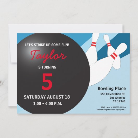 vijfde verjaardag bowlingpartij blauw rood wit kaart (Voorkant)