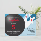 vijfde verjaardag bowlingpartij blauw rood wit kaart (Staand voorkant)