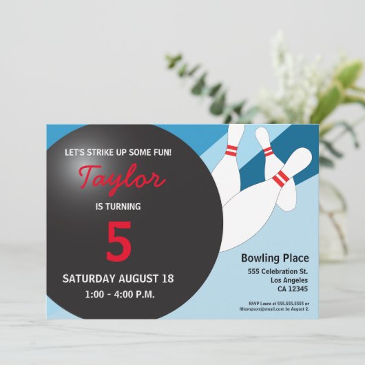 vijfde verjaardag bowlingpartij blauw rood wit kaart (Staand voorkant)