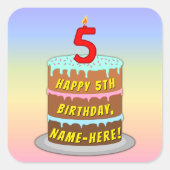 Vijfde verjaardag: Fun Cake en Candle + Custom Nam Vierkante Sticker (Voorkant)