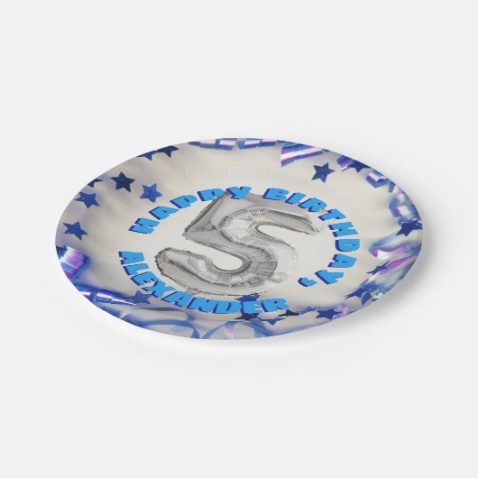 Vijfde verjaardag jongens vijf jaar oud feest papieren bordje (Gekanteld)