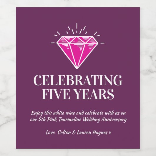 Vijfde verjaardag: roze tourmaline wijn etiket (Enkel label)