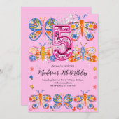 Vijfde verjaardag roze vlinder kaart (Voorkant / Achterkant)