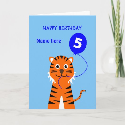 Vijfde verjaardag tijger voegt naam blauw toe kaart (Voorkant)