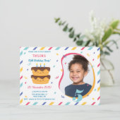 Vijfde verjaardag uitnodiging met foto informatiekaartje (Staand voorkant)