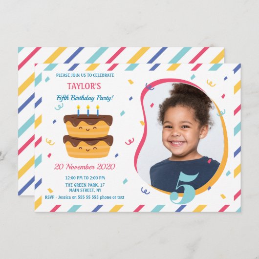 Vijfde verjaardag uitnodiging met foto informatiekaartje (Voorkant / Achterkant)
