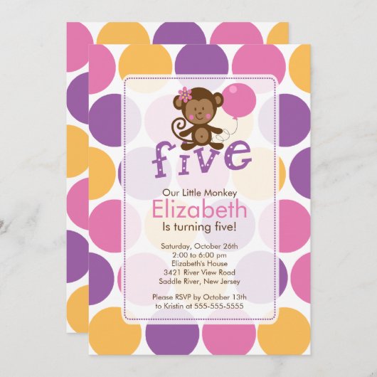 Vijfde verjaardag Uitnodiging van kleine apen om d (Voorkant / Achterkant)