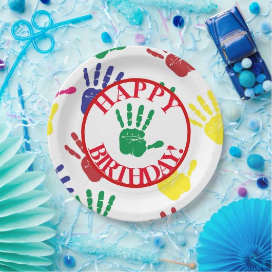 Vijfde verjaardag van de kleurrijke handdruk papieren bordje (Feest)
