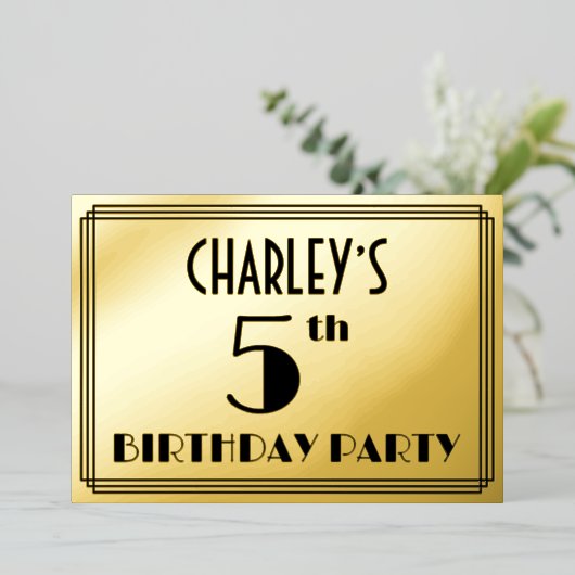 Vijfde verjaardag van de Kunst Deco Kijk "5" + Naa Folie Uitnodiging (Staand Voorkant)