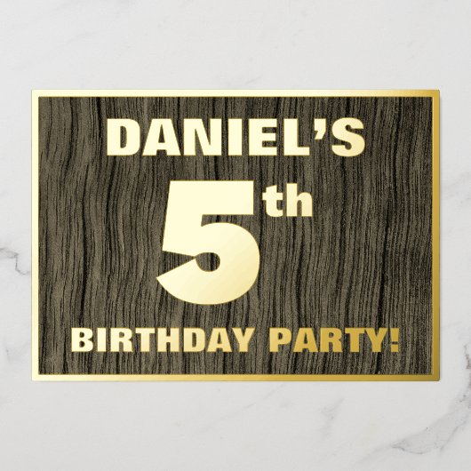 Vijfde verjaardag: Vet, Faux Hood Grain Pattern Folie Uitnodiging (Voorkant)