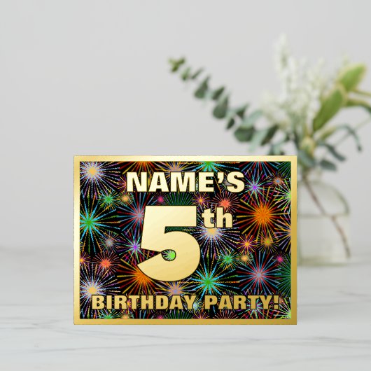 Vijfde verjaardag: Vette, kleurrijke Fireworks-loo Folie Uitnodiging Briefkaart (Staand Voorkant)