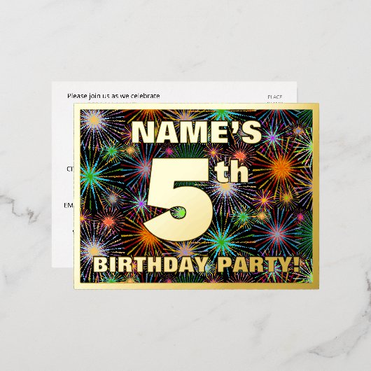 Vijfde verjaardag: Vette, kleurrijke Fireworks-loo Folie Uitnodiging Briefkaart (Voorkant / Achterkant)