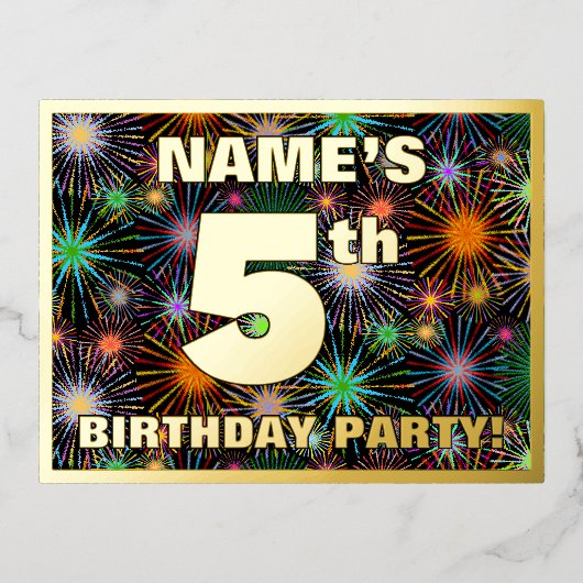 Vijfde verjaardag: Vette, kleurrijke Fireworks-loo Folie Uitnodiging Briefkaart (Voorkant)