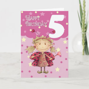 vijfde verjaardagskaart met schattige ladybug-fee kaart
