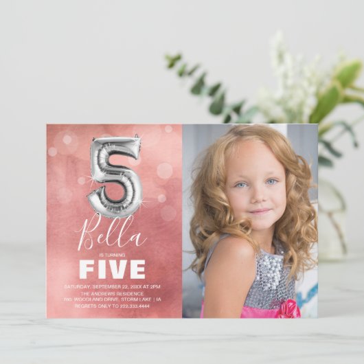 Vijfde vogelballon | Roze fotoparty Kaart (Staand voorkant)