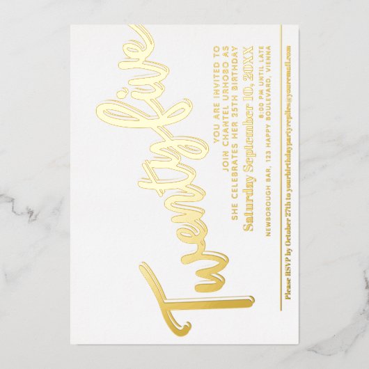 Vijfentwintig 25e 'Birthday party white gold scrip Folie Uitnodiging (Voorkant)