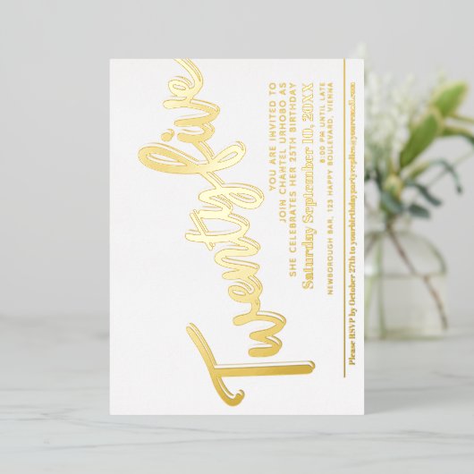 Vijfentwintig 25e 'Birthday party white gold scrip Folie Uitnodiging (Staand Voorkant)