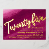Vijfentwintig 25e verjaardag gouden rode roze was folie uitnodiging (Voorkant)