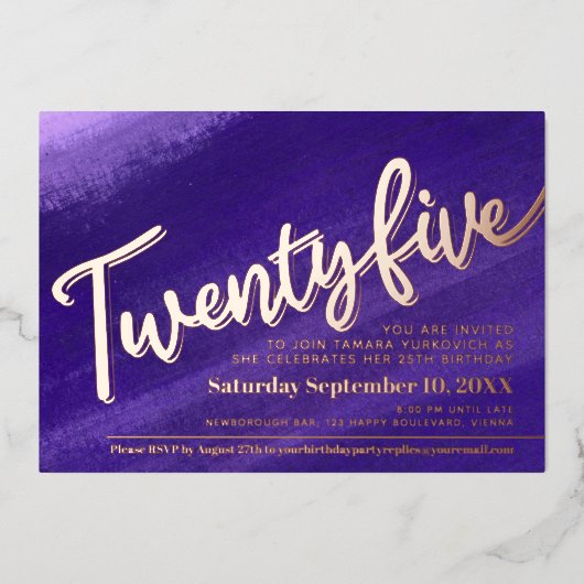 Vijfentwintig vijfentwintigste verjaardag paars ro folie uitnodiging (Voorkant)