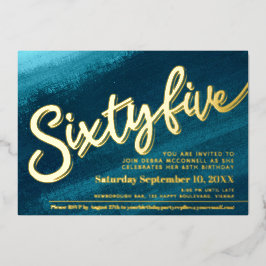 Vijfenzestig 65ste verjaardag aqua turquoise goude folie uitnodiging