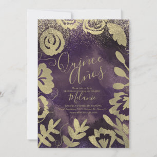 Vijftien Faux Glitter Paarse Bloemige Gouden Verja Kaart