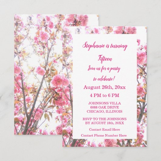 Vijftiende verjaardag Roze Cherry Quinceanera Kaart (Voorkant / Achterkant)