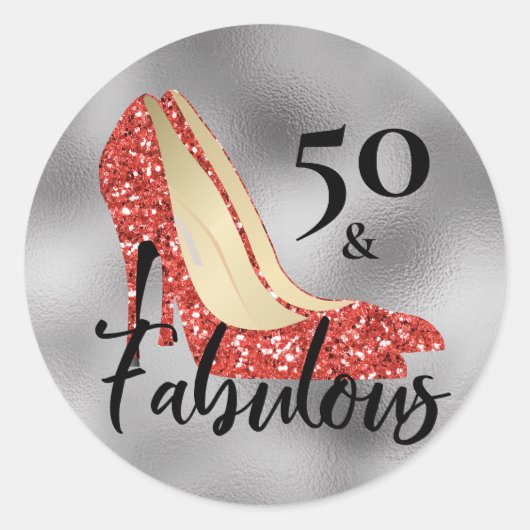 Vijftig 50 en Fabulous Red Glitter Hakken Schoenen Ronde Sticker (Voorkant)