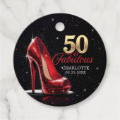 Vijftig 50 & Fabulous BIRTHDAY Rood Goud Hoge Hakk Bedankjes Labels (Voorkant)