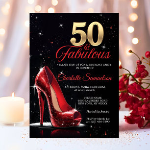 Vijftig 50 & Fabulous BIRTHDAY Rood Goud Hoge Hakk Kaart