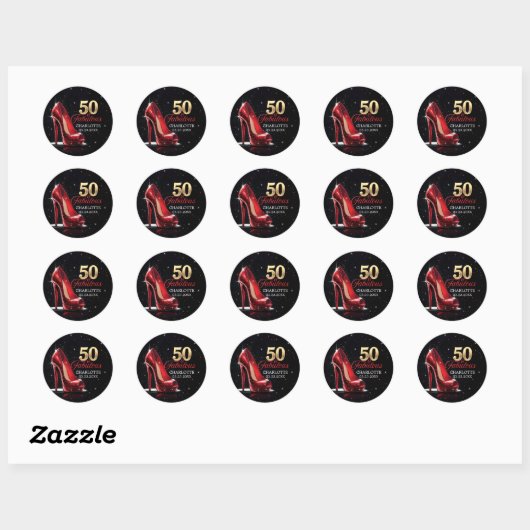 Vijftig 50 & Fabulous BIRTHDAY Rood Goud Hoge Hakk Ronde Sticker (Vel)