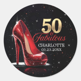 Vijftig 50 & Fabulous BIRTHDAY Rood Goud Hoge Hakk Ronde Sticker