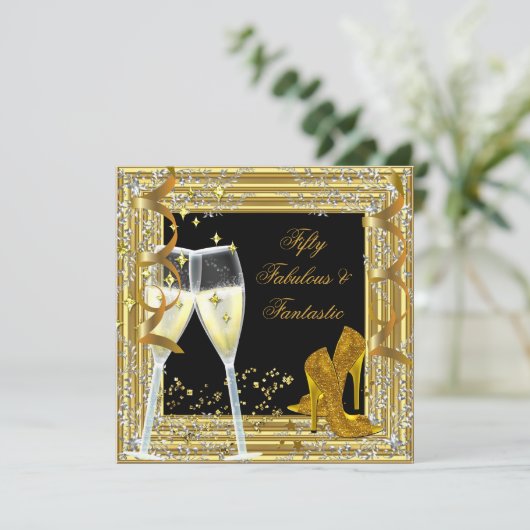 Vijftig 50 & Fantastisch Fabulous Gold Black Kaart (Staand voorkant)