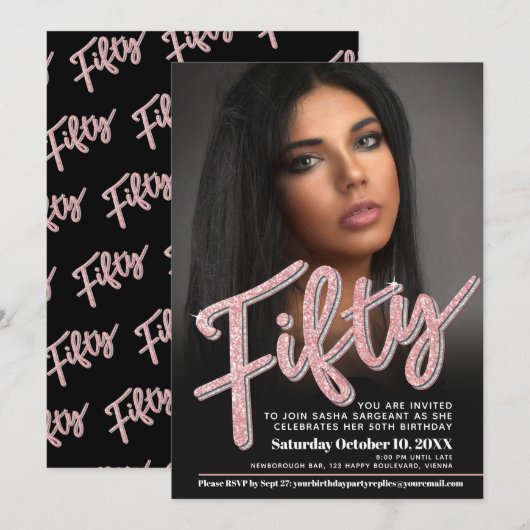 Vijftig 50e Birthday fotoscript glitter roos roze Kaart (Voorkant / Achterkant)