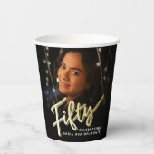 Vijftig 50e verjaardag fotoscript zwart goud kleur papieren bekers (Voorkant)
