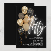 Vijftig 50ste verjaardag ballonnen zwart en goud kaart (Voorkant / Achterkant)