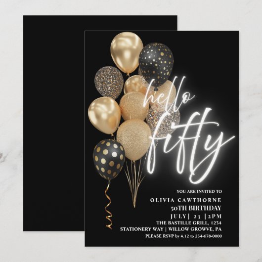 Vijftig 50ste verjaardag ballonnen zwart en goud kaart (Voorkant / Achterkant)